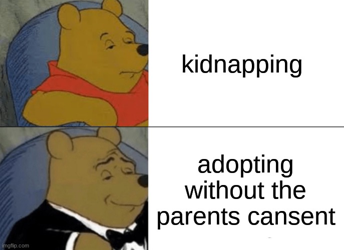 Tuxedo Winnie The Pooh Meme | kidnapping; adopting without the parents cansent | image tagged in memes,tuxedo winnie the pooh | made w/ Imgflip meme maker