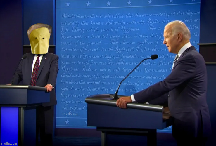 trump biden debate | image tagged in trump biden debate,bag,mask,donald trump clown,joe biden,presidential debate | made w/ Imgflip meme maker