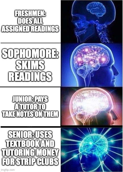 Senioritis | FRESHMEN: DOES ALL ASSIGNED READINGS; SOPHOMORE: SKIMS READINGS; JUNIOR: PAYS A TUTOR TO TAKE NOTES ON THEM; SENIOR: USES TEXTBOOK AND TUTORING MONEY FOR STRIP CLUBS | image tagged in memes,expanding brain,lazy college senior,college freshman,sweaty tryhard,money | made w/ Imgflip meme maker