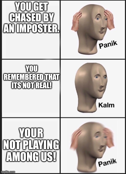 Wait, if your not playing, then who is the imposter? | YOU GET CHASED BY AN IMPOSTER. YOU REMEMBERED THAT ITS NOT REAL! YOUR NOT PLAYING AMONG US! | image tagged in panik calm panik | made w/ Imgflip meme maker