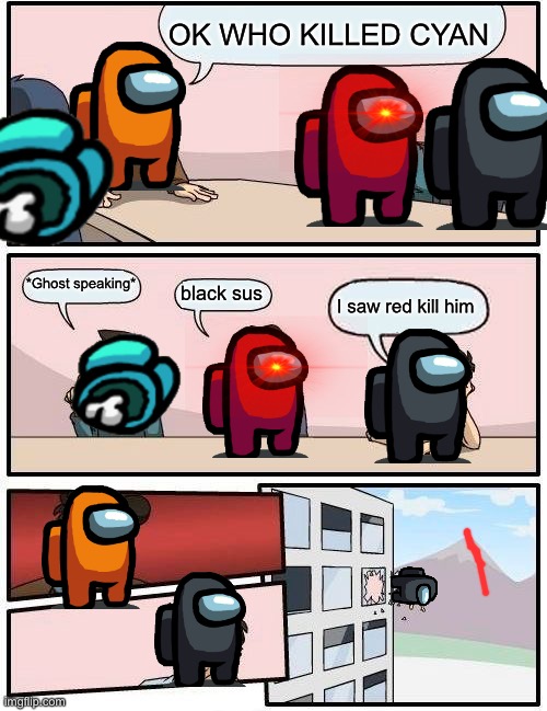 Boardroom Meeting Suggestion | OK WHO KILLED CYAN; *Ghost speaking*; black sus; I saw red kill him | image tagged in among us,meme | made w/ Imgflip meme maker