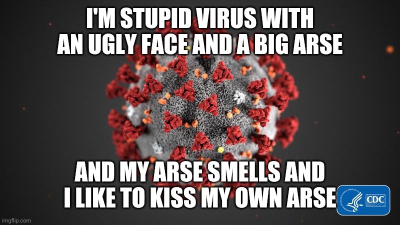 What covid said to itself |  I'M STUPID VIRUS WITH AN UGLY FACE AND A BIG ARSE; AND MY ARSE SMELLS AND I LIKE TO KISS MY OWN ARSE | image tagged in covid 19,coronavirus,covid-19,memes | made w/ Imgflip meme maker