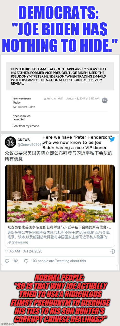 If Joe Biden is actually stupid enough to think this would work, even Democrats can't take him seriously any more  :-/ | DEMOCRATS:  "JOE BIDEN HAS NOTHING TO HIDE."; NORMAL PEOPLE: 
"SO IS THAT WHY JOE ACTUALLY TRIED TO USE A RIDICULOUS FLIMSY PSEUDONYM TO DISGUISE HIS TIES TO HIS SON HUNTER'S 
CORRUPT CHINESE DEALINGS?" | image tagged in corrupt joe biden,hunter biden corruption,chinese bribery,2020 presidential election,peter henderson email farce | made w/ Imgflip meme maker