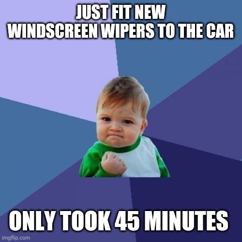 Success Kid Meme | JUST FIT NEW WINDSCREEN WIPERS TO THE CAR; ONLY TOOK 45 MINUTES | image tagged in memes,success kid | made w/ Imgflip meme maker