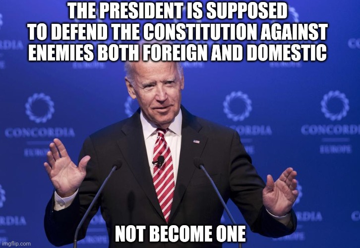 Someone should remind Biden of the oath he has to take on the very slim chance that he wins | THE PRESIDENT IS SUPPOSED TO DEFEND THE CONSTITUTION AGAINST ENEMIES BOTH FOREIGN AND DOMESTIC; NOT BECOME ONE | image tagged in joe biden,memes,politics,constitution,enemy | made w/ Imgflip meme maker
