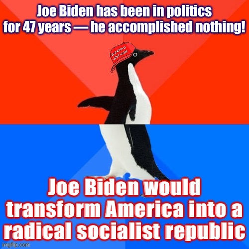 Things that make you go hmmm | Joe Biden has been in politics for 47 years — he accomplished nothing! Joe Biden would transform America into a radical socialist republic | image tagged in socially awesome awkward penguin maga hat,conservative logic,election 2020,2020 elections,socially awesome awkward penguin | made w/ Imgflip meme maker