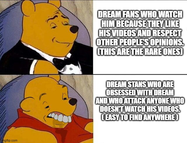 dreams fanbase be like | DREAM FANS WHO WATCH HIM BECAUSE THEY LIKE HIS VIDEOS AND RESPECT OTHER PEOPLE'S OPINIONS. (THIS ARE THE RARE ONES); DREAM STANS WHO ARE OBSESSED WITH DREAM AND WHO ATTACK ANYONE WHO DOESN'T WATCH HIS VIDEOS. ( EASY TO FIND ANYWHERE ) | image tagged in tuxedo winnie the pooh grossed reverse | made w/ Imgflip meme maker