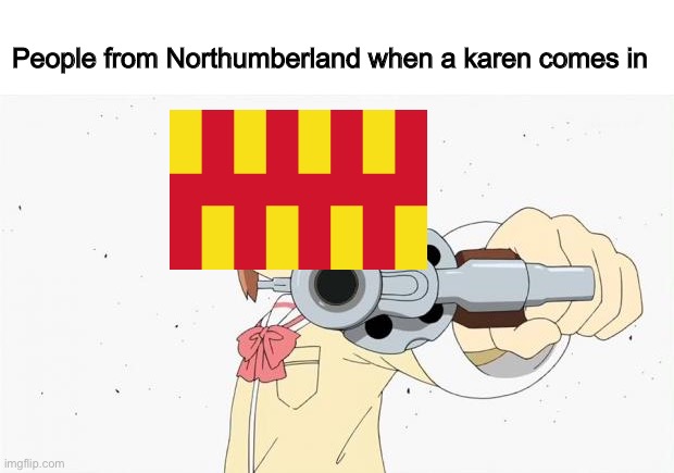 Karens suck | People from Northumberland when a karen comes in | image tagged in anime gun point,karen | made w/ Imgflip meme maker