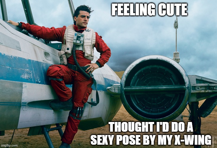 Poe Pose | FEELING CUTE; THOUGHT I'D DO A SEXY POSE BY MY X-WING | image tagged in poe dameron x-wing | made w/ Imgflip meme maker