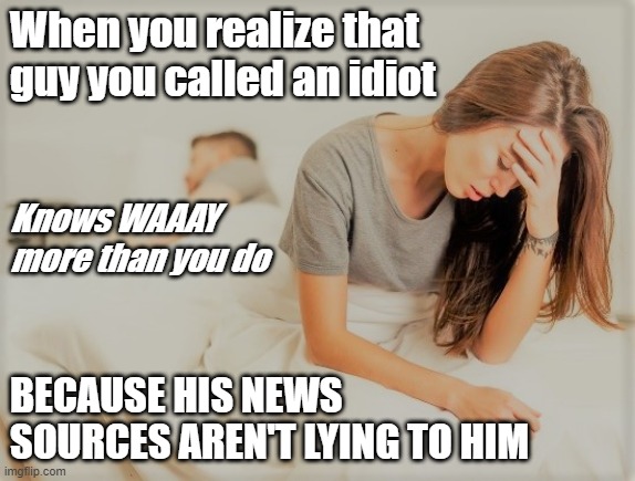 He Knows Way More | When you realize that guy you called an idiot; Knows WAAAY
more than you do; BECAUSE HIS NEWS SOURCES AREN'T LYING TO HIM | image tagged in unhappy woman on bed,liberals,democrats,ignorance,politics | made w/ Imgflip meme maker