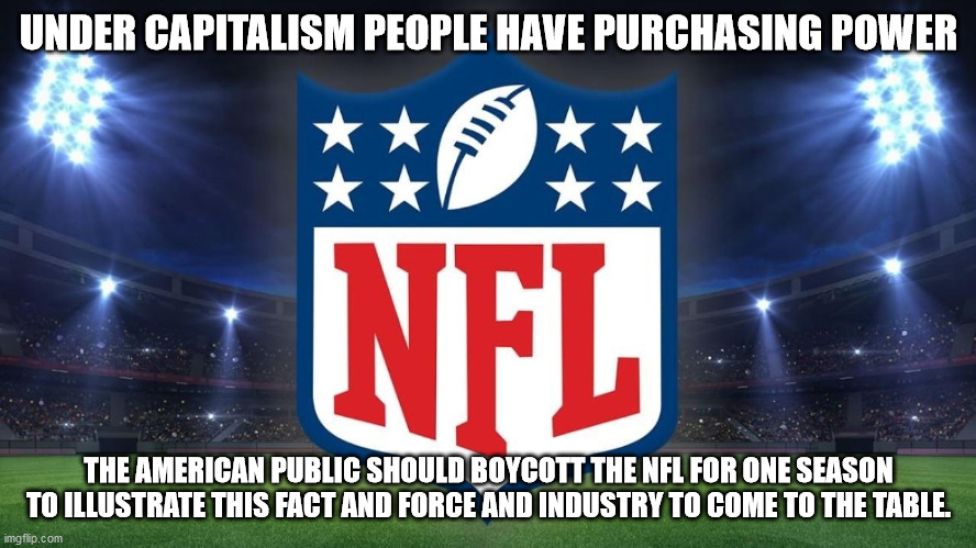 UNDER CAPITALISM PEOPLE HAVE PURCHASING POWER; THE AMERICAN PUBLIC SHOULD BOYCOTT THE NFL FOR ONE SEASON TO ILLUSTRATE THIS FACT AND FORCE AND INDUSTRY TO COME TO THE TABLE. | image tagged in nfl | made w/ Imgflip meme maker