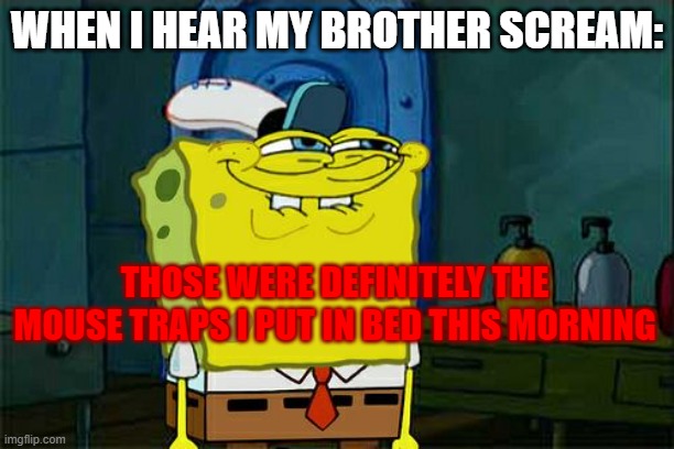 ouch... | WHEN I HEAR MY BROTHER SCREAM:; THOSE WERE DEFINITELY THE MOUSE TRAPS I PUT IN BED THIS MORNING | image tagged in memes,don't you squidward | made w/ Imgflip meme maker