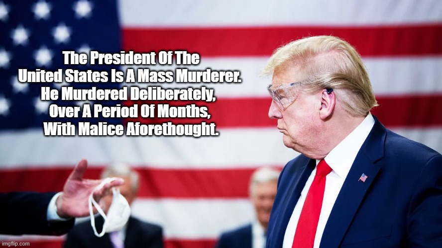 "The President Of The United States Is A Mass Murderer" | The President Of The United States Is A Mass Murderer. 
He Murdered Deliberately,  
Over A Period Of Months, 
With Malice Aforethought. | image tagged in negligent homicide,mass murder,trump,anti maskers | made w/ Imgflip meme maker
