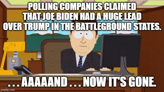Just as conservatives said would happen: | POLLING COMPANIES CLAIMED THAT JOE BIDEN HAD A HUGE LEAD OVER TRUMP IN THE BATTLEGROUND STATES. . . . AAAAAND . . . NOW IT'S GONE. | image tagged in memes,aaaaand its gone | made w/ Imgflip meme maker