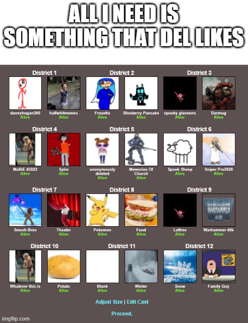 ALL I NEED IS SOMETHING THAT DEL LIKES | image tagged in hunger games | made w/ Imgflip meme maker