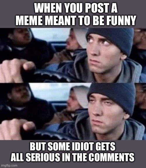 Only in the political stream | WHEN YOU POST A MEME MEANT TO BE FUNNY; BUT SOME IDIOT GETS ALL SERIOUS IN THE COMMENTS | image tagged in eminem eye roll,memes,funny,serious,comments,offended | made w/ Imgflip meme maker