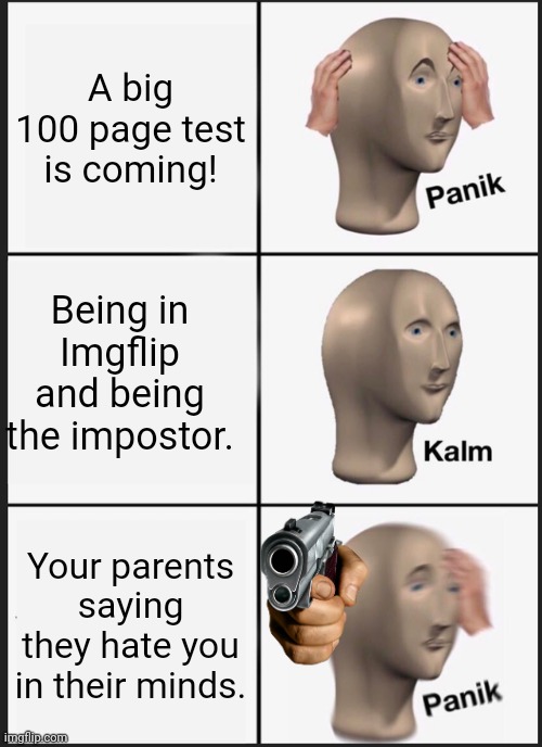 Child Life | A big 100 page test is coming! Being in Imgflip and being the impostor. Your parents saying they hate you in their minds. | image tagged in memes,panik kalm panik | made w/ Imgflip meme maker