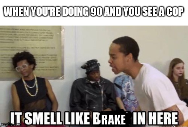 It smell like brake | WHEN YOU'RE DOING 90 AND YOU SEE A COP; RAKE | image tagged in it smell like bitch in here | made w/ Imgflip meme maker