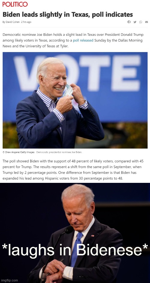 Well gee: A Biden win in Texas of all places would really nail Trumpism in the coffin. Let's get it! | *laughs in Bidenese* | image tagged in joe biden debate watch,election 2020,joe biden,2020 elections,texas,biden | made w/ Imgflip meme maker