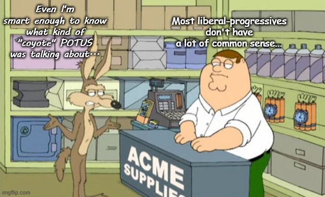 Coyotes vs coyotes... | Most liberal-progressives don't have a lot of common sense... Even I'm smart enough to know what kind of "coyote" POTUS was talking about... | image tagged in wile e coyote,peter griffin,smart,common sense,lacking | made w/ Imgflip meme maker