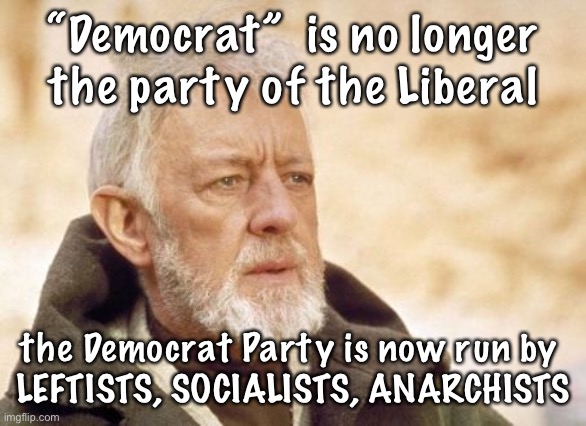 Obi Wan Kenobi | “Democrat”  is no longer the party of the Liberal; the Democrat Party is now run by 
LEFTISTS, SOCIALISTS, ANARCHISTS | image tagged in memes,obi wan kenobi | made w/ Imgflip meme maker