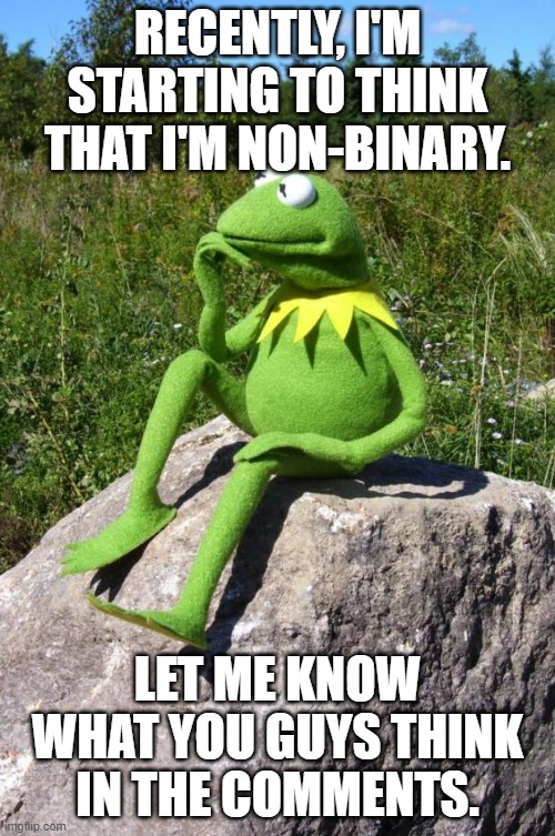 I Think That I Might Be Non-Binary, But I Won't Confirm it Until I Know For Sure. | RECENTLY, I'M STARTING TO THINK THAT I'M NON-BINARY. LET ME KNOW WHAT YOU GUYS THINK IN THE COMMENTS. | image tagged in kermit-thinking,non binary,lgbtq,memes | made w/ Imgflip meme maker
