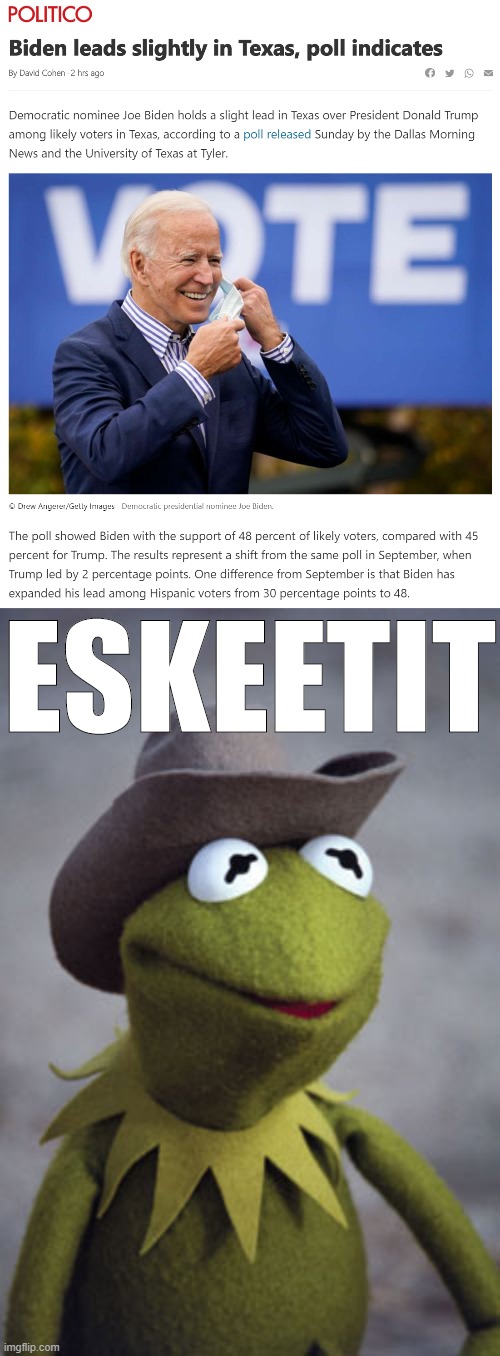 How epic would a win in Texas be? Eskeetit | ESKEETIT | image tagged in texas kermit,democrats,election 2020,2020 elections,texas,biden | made w/ Imgflip meme maker