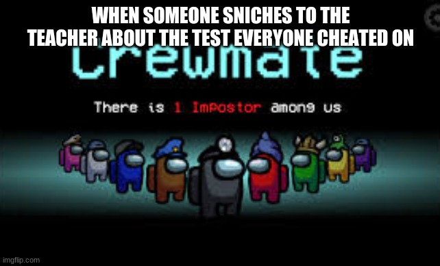 There is 1 imposter among us | WHEN SOMEONE SNICHES TO THE TEACHER ABOUT THE TEST EVERYONE CHEATED ON | image tagged in there is 1 imposter among us | made w/ Imgflip meme maker