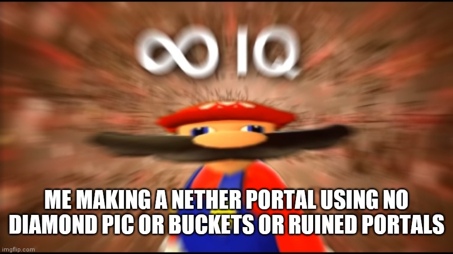 Infinity IQ Mario | ME MAKING A NETHER PORTAL USING NO DIAMOND PIC OR BUCKETS OR RUINED PORTALS | image tagged in infinity iq mario | made w/ Imgflip meme maker