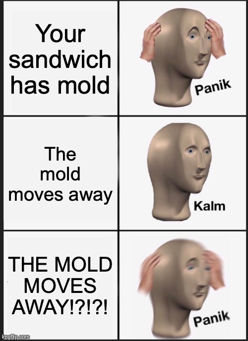lol bad meme | Your sandwich has mold; The mold moves away; THE MOLD MOVES AWAY!?!?! | image tagged in memes,panik kalm panik | made w/ Imgflip meme maker
