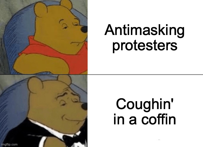 ok boomer | Antimasking protesters; Coughin' in a coffin | image tagged in memes,tuxedo winnie the pooh,covid-19,anti-masking protesters | made w/ Imgflip meme maker
