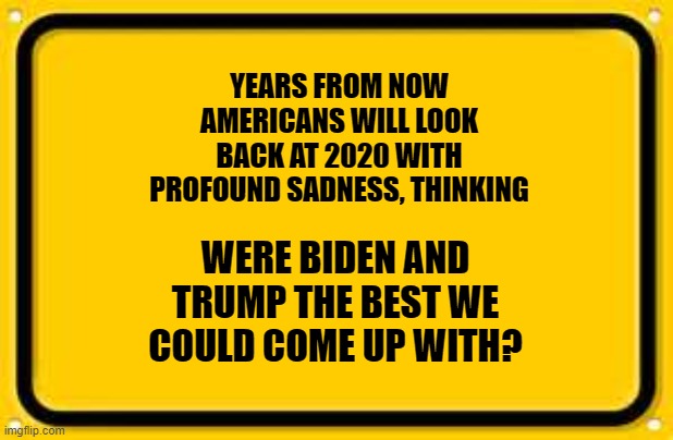 Blank Yellow Sign | YEARS FROM NOW AMERICANS WILL LOOK BACK AT 2020 WITH PROFOUND SADNESS, THINKING; WERE BIDEN AND TRUMP THE BEST WE COULD COME UP WITH? | image tagged in memes,blank yellow sign | made w/ Imgflip meme maker