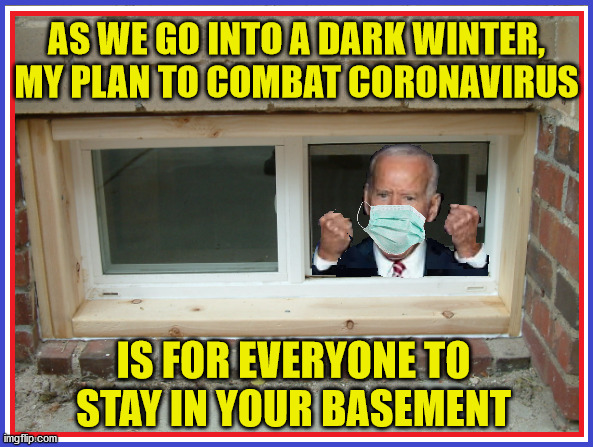 Basement Biden | AS WE GO INTO A DARK WINTER, MY PLAN TO COMBAT CORONAVIRUS; IS FOR EVERYONE TO STAY IN YOUR BASEMENT | image tagged in memes,basement dweller,joe biden,coronavirus,winter is coming,aint nobody got time for that | made w/ Imgflip meme maker