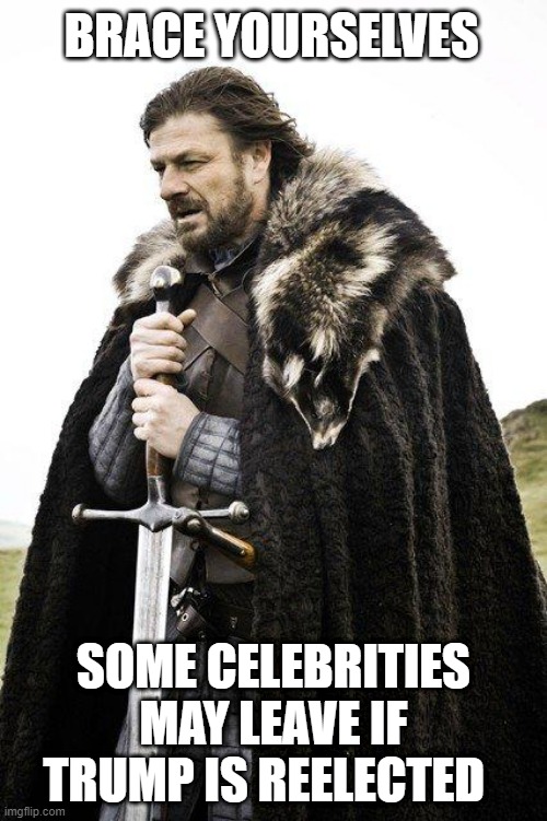 No don't stop | BRACE YOURSELVES; SOME CELEBRITIES MAY LEAVE IF TRUMP IS REELECTED | image tagged in brace yourself | made w/ Imgflip meme maker