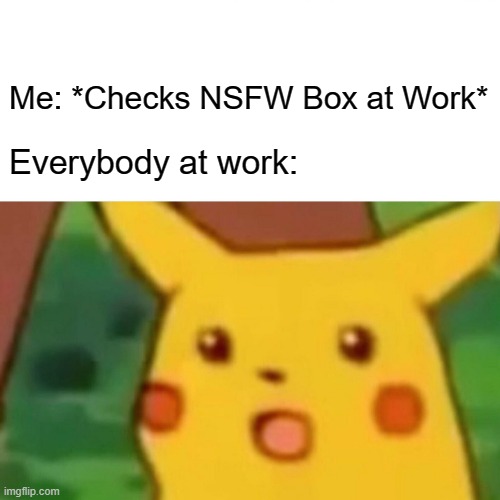 NSFW | Me: *Checks NSFW Box at Work*; Everybody at work: | image tagged in memes,surprised pikachu | made w/ Imgflip meme maker