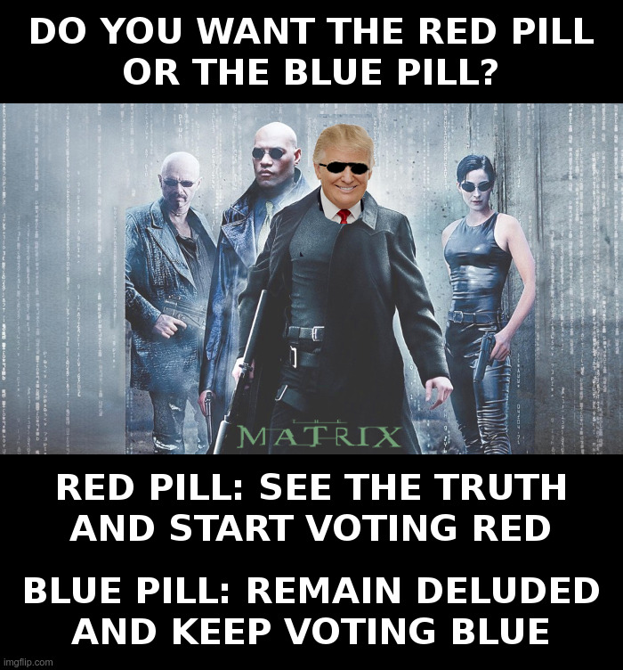 Trump in The Matrix: Red Pill or Blue Pill? | image tagged in donald trump,red pill blue pill,the matrix,neo,keanu reeves,trump 2020 | made w/ Imgflip meme maker