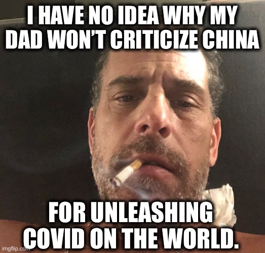 Hunter Biden | I HAVE NO IDEA WHY MY DAD WON’T CRITICIZE CHINA; FOR UNLEASHING COVID ON THE WORLD. | image tagged in hunter biden,joe biden,trump | made w/ Imgflip meme maker