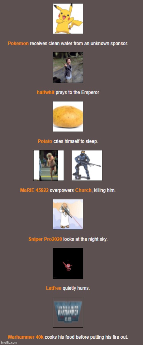 Night 1(2) | image tagged in hunger games,church i think you're going to be mad | made w/ Imgflip meme maker