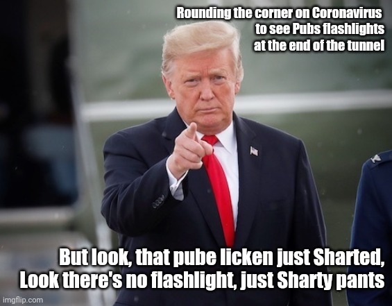 The Republic is suffering | Rounding the corner on Coronavirus 
 to see Pubs flashlights
 at the end of the tunnel; But look, that pube licken just Sharted,  Look there's no flashlight, just Sharty pants | image tagged in trump,donald trump,covidiots,republicans | made w/ Imgflip meme maker