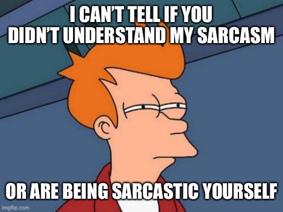 Futurama Fry Meme | I CAN’T TELL IF YOU DIDN’T UNDERSTAND MY SARCASM OR ARE BEING SARCASTIC YOURSELF | image tagged in memes,futurama fry | made w/ Imgflip meme maker
