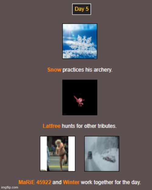 Day 5 | image tagged in hunger games | made w/ Imgflip meme maker