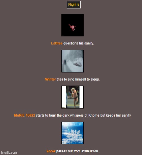 Night 5 | image tagged in hunger games,snow is not dead | made w/ Imgflip meme maker