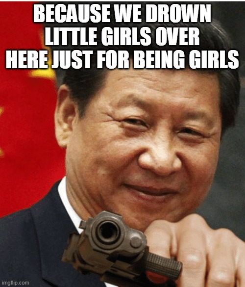Xi Jinping | BECAUSE WE DROWN LITTLE GIRLS OVER HERE JUST FOR BEING GIRLS | image tagged in xi jinping | made w/ Imgflip meme maker