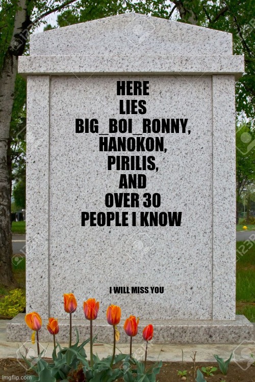 *crying salute* | HERE LIES BIG_BOI_RONNY, HANOKON, PIRILIS, AND OVER 30 PEOPLE I KNOW; I WILL MISS YOU | image tagged in blank gravestone,gotanypain | made w/ Imgflip meme maker