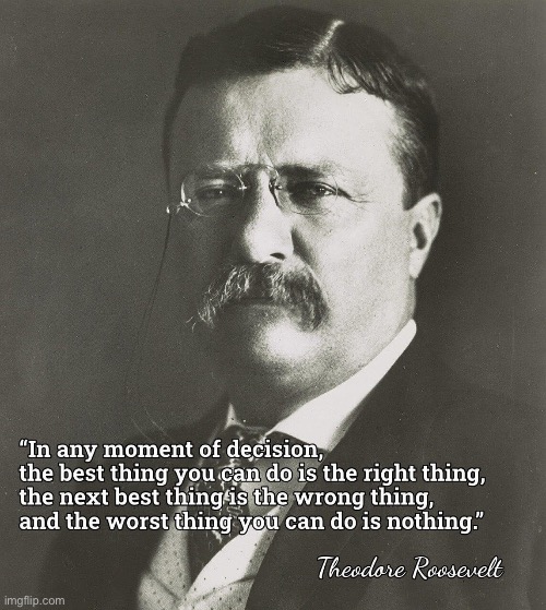 TR was against paralysis of analysis. “Move fast and break things” might have been his motto | image tagged in teddy roosevelt quote decisions,teddy roosevelt,president,quotes,good advice,repost | made w/ Imgflip meme maker