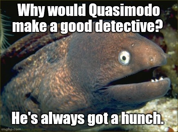 He's got a point.I mean a hump. | Why would Quasimodo make a good detective? He's always got a hunch. | image tagged in memes,bad joke eel,semifunny | made w/ Imgflip meme maker
