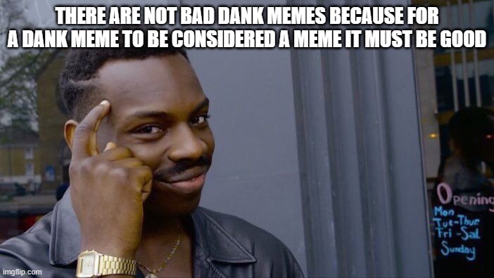 Roll Safe Think About It Meme | THERE ARE NOT BAD DANK MEMES BECAUSE FOR A DANK MEME TO BE CONSIDERED A MEME IT MUST BE GOOD | image tagged in memes,roll safe think about it | made w/ Imgflip meme maker