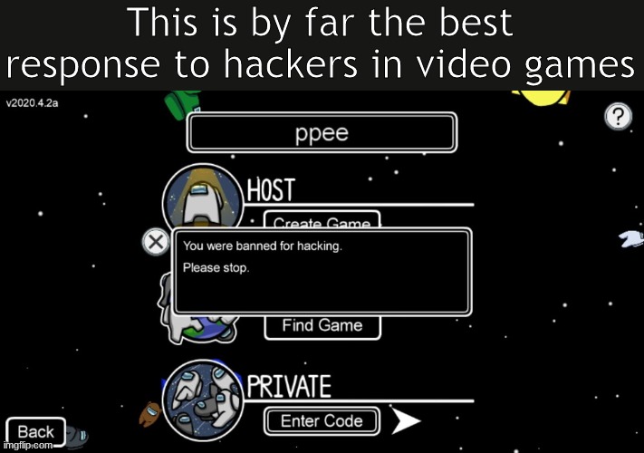 Among Us Hacker |  This is by far the best response to hackers in video games | image tagged in among us hacker,memes,funny,hack,among us,relatable | made w/ Imgflip meme maker