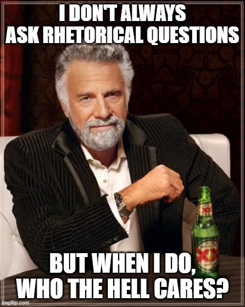 The Most Interesting Man In The World Meme | I DON'T ALWAYS ASK RHETORICAL QUESTIONS; BUT WHEN I DO, WHO THE HELL CARES? | image tagged in memes,the most interesting man in the world,meme,questions,funny,who cares | made w/ Imgflip meme maker