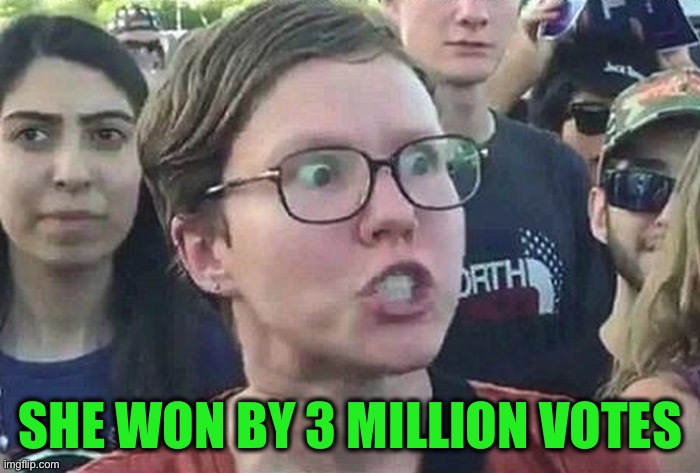 Triggered Liberal | SHE WON BY 3 MILLION VOTES | image tagged in triggered liberal | made w/ Imgflip meme maker